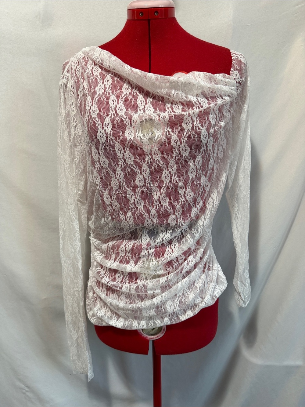 Women's White Lace Long-Sleeve Draped Neck Top